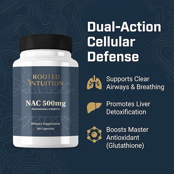 Rooted NAC Supplement 500mg | N-Acetyl L-Cysteine Capsules for Lung Health and Immune Support | Antioxidant Defense Glutathione Support Liver Detox Cellular Protection | 60 Count