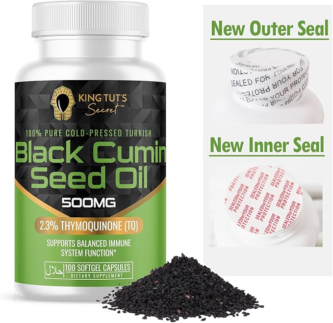KING TUT'S SECRET Black Seed Capsules - 500 mg 100 Softgels - Nigella Sativa Extract Black Cumin Supplement for Hair Antioxidant Support Immune System - Halal Black Seed Cumin Oil Capsules