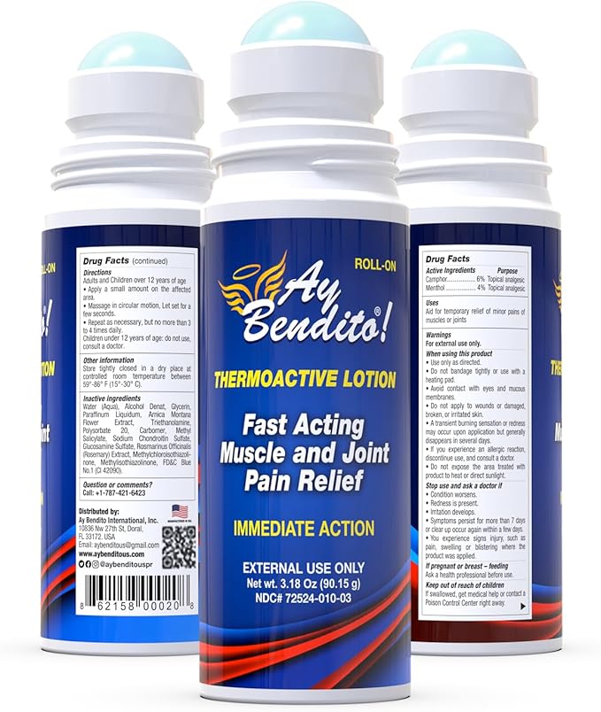 Ay Bendito! Thermoactive Lotion for Faster Pain Relief on Joints and Muscle Function - 3.18 oz Roll-on - Two Pack