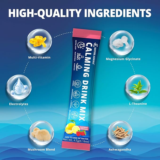 Cortisol Calm Drink Mix for Women &amp Men Calm Magnesium Glycinate Powder with Electrolytes Ashwagandha L-Theanine &amp Mushroom | Hydration Relaxation &amp Mood | Sugar Free 30 Ct (Raspberry