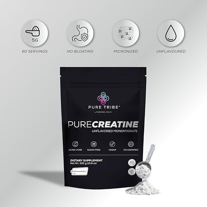 PURE TRIBE PureCreatine – Micronized Creatine Monohydrate Powered by Creavitalis – Unflavored Creatine Monohydrate Powder for Energy &amp Recovery – No Bloating Easy Digestion – 5g per Scoop 300g