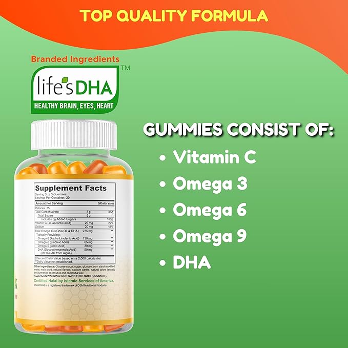 SHIFAA NUTRITION Vegan Omega 3 Gummies for Adults | No Fish Oil Burps | 60 Gummies | Plant Based w/Chia Oil Algae | Omega 3 6 9 w/DHA Vitamin C | for Brain Cardiovascular &amp Immune Support Halal