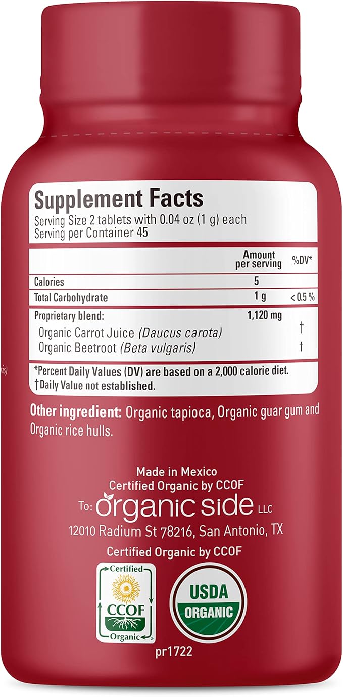 OS Organic Side | Beetroot &amp Carrot Tablets | 100% Pure Organic | 90 Count | 1120 mg | USDA Certified | Non-GMO Plant-Based for Heart Health &amp Energy Boost