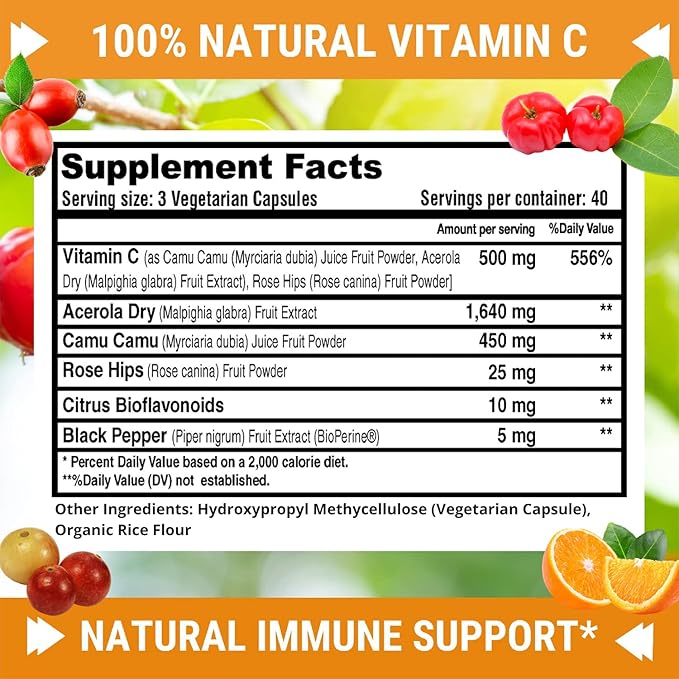 Fresh Healthcare Whole Food Vitamin C 500mg - Natural Supplement from Rose Hips Acerola Cherry &amp Camu Camu - with Citrus Bioflavonoids for Immune Support - 120 Vegan Capsules