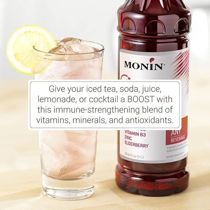 Monin - Total Immunity Boost Liquid Blend of Vitamins Minerals &amp Antioxidants Immune Boosting Vitamin C &amp D + Elderberry For All Beverages Low Calorie (1 Liter + Pump)