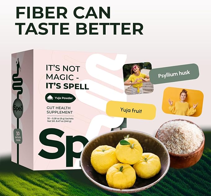 Spell MTD Fiber Yuja Powder – Psyllium Husk Fiber Supplement for Constipation Relief &amp Gut Health – Yuzu Citrus Flavor with Aloe &amp Magnesium – 30 Sachets Travel Size Digestive Support