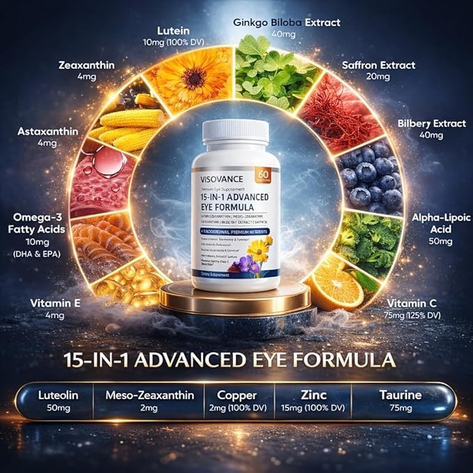 15 in 1 Advanced Eye Formula - Carotenoids Lutein Zeaxanthin &amp Antioxidant Blend Daily Visual Support Formula for Screen Use &amp Overall Eye Wellness – 60 Capsules