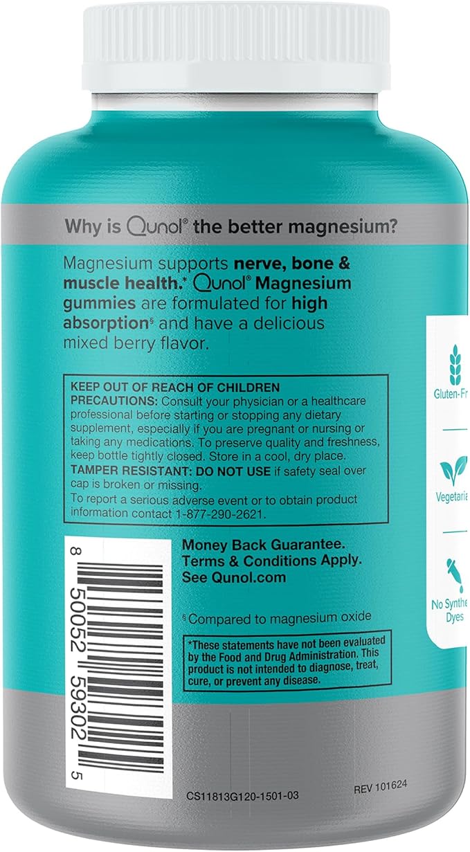 Qunol Magnesium Gummies for Adults 200mg Elemental Magnesium (from 1750mg Magnesium Citrate) High Absorption Magnesium Supplement Supports Nerve Bone and Muscle Health Vegetarian 120 Count