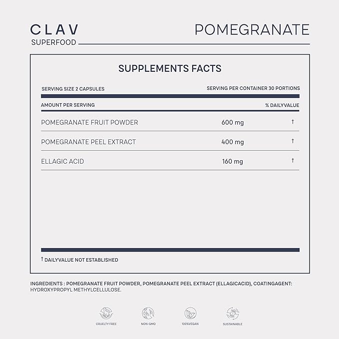 CLAV Pomegranate Extract - 1000mg Daily Dose - 40% Ellagic Acid - Vegan Pomegranate Supplement - Heart &amp Joint Support - 60 Capsules - Made in Germany