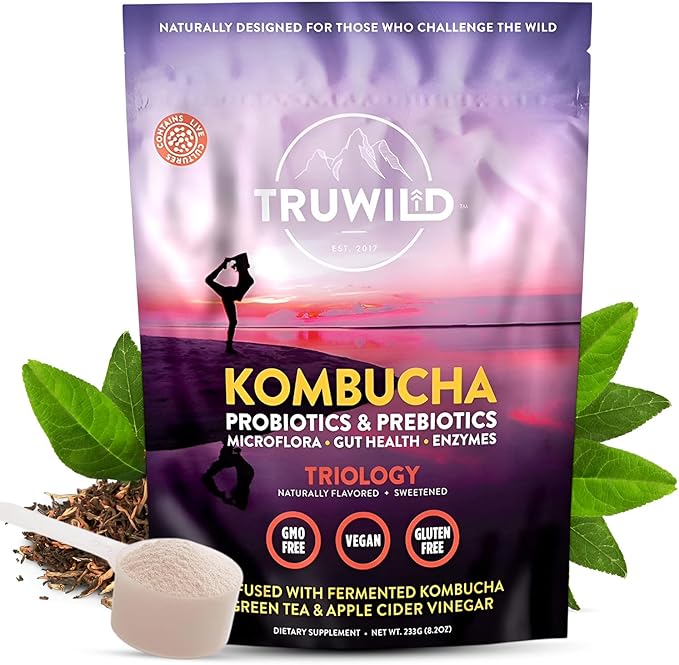 TruWild Natural Kombucha Powder Probiotic Supplement Vegan Drink Mix – Gut Health Digestive Enzymes w/Live Cultures + Apple Cider Vinegar &amp Prebiotics – 20 Servings