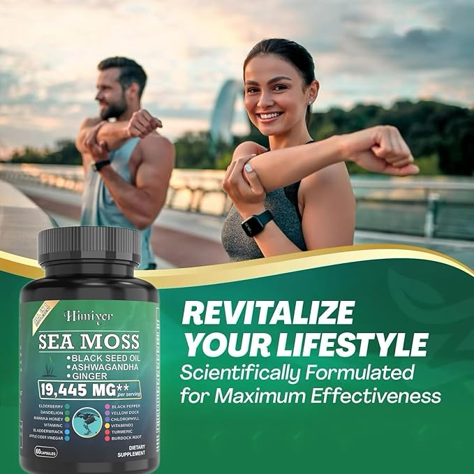 Himiyer 2pcs Ultimate Wellness Bundle - Boost Energy Immunity &amp Brain Function with 7000mg Sea Moss 4000mg Black Seed Oil 2000mg Ashwagandha 9000mg Ginger &amp Shilajit Vegan-Friendly Suppl