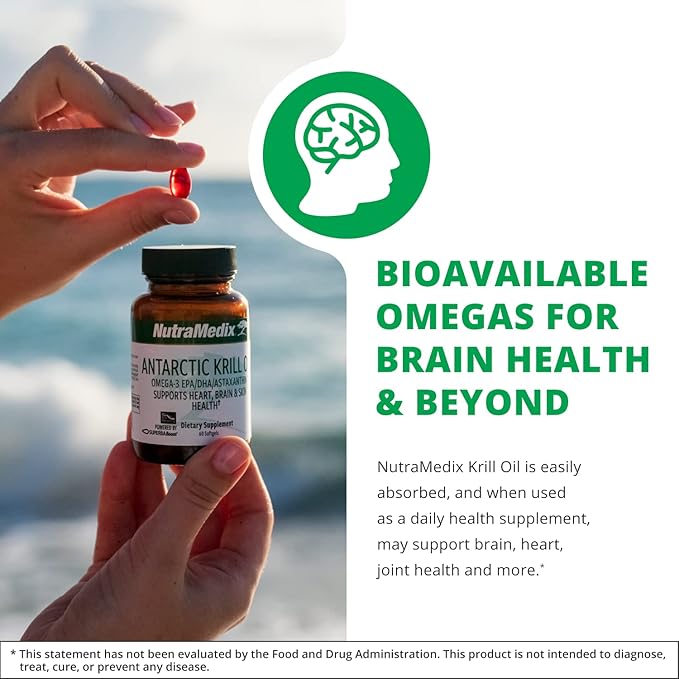 NutraMedix Antarctic Krill Oil 500mg - Fish Oil Supplement - Omega-3s (EPA &amp DHA) + Astaxanthin - Red Krill Supplement for Joint Immune Heart Liver &amp Brain Health Support (60 Softgels)