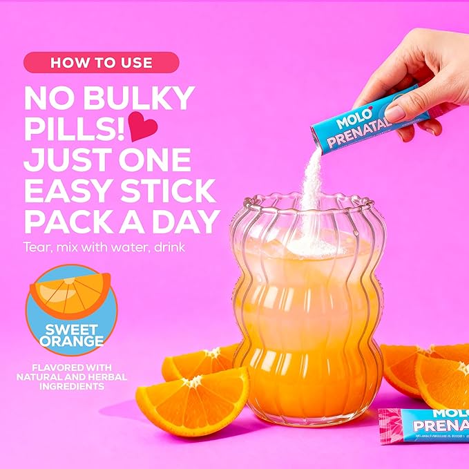 MOLO Prenatal Multi-Vitamin Drink Mix for Women – Packed with essential vitamins &amp antioxidants DHA Omega-3 Methylfolate – 30 Stick Packs with Sweet Orange Flavor – Vegetarian Gluten-Free &amp