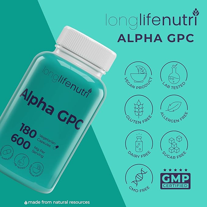 Alpha GPC Choline Supplement 600mg – 180 Vegetarian Capsules High Purity Nootropic for Daily Energy 3-Month Supply Acetylcholine Source for Cognitive &amp Mental Clarity GMP Certified Made in US