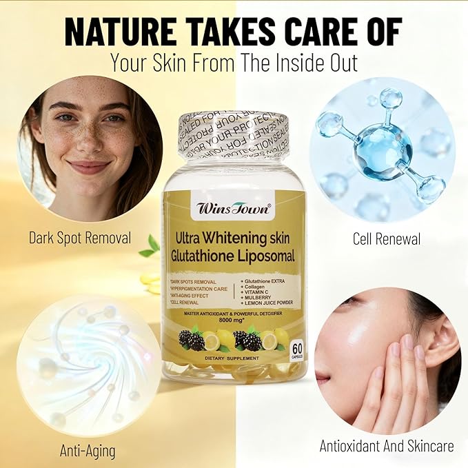 Ultra Whitening Skin Glutathione Liposomal Softgel 8000mg Supplement for Dark Spots Remover Cell Renewal Anti-Aging 60 Capsules
