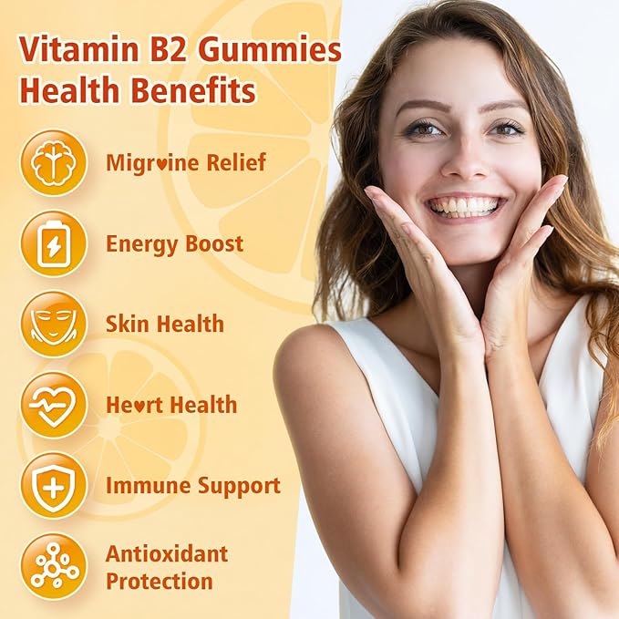 2 Pack Vitamin B2 Gummies - Riboflavin 400mg for Kids &amp Adults Migraine Relief &amp Headache Relief Vegan Sugar-Free Orange Flavor 120 Gummies