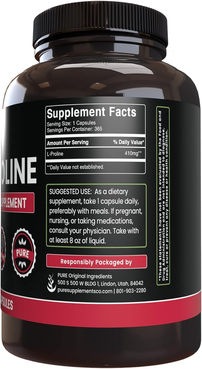 PURE ORIGINAL INGREDIENTS L-Proline and L-Lysine HCL Bundle 365 Capsules Each No Magnesium or Rice Fillers Always Pure