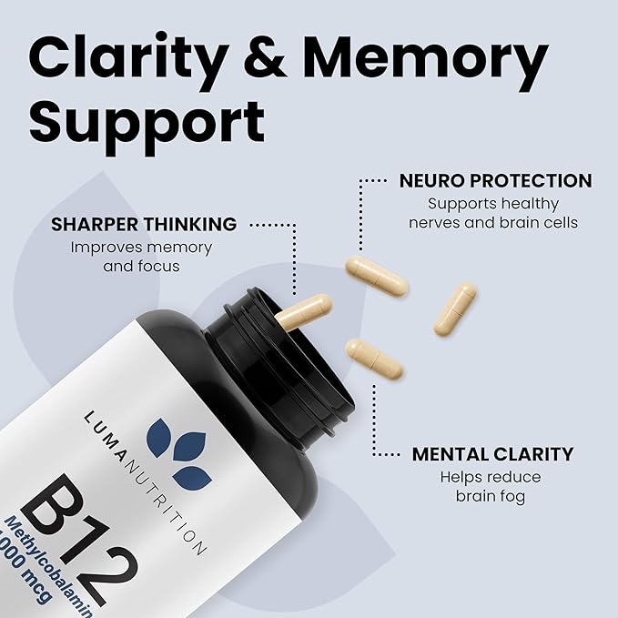 Luma Nutrition Vitamin B12 Methylcobalamin 1000 mcg - High Potency Vegan Supplements for Men &amp Women - Energy &amp Metabolism - Pure B12 Vitamins - 60 Capsules - Made in USA