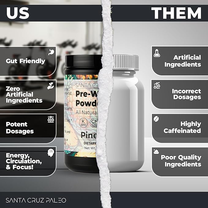Santa Cruz Paleo Pre Workout Powder Electrolytes Magnesium Potassium Sea Salt &amp L Citrulline Caffeine &amp Sugar Free Preworkout Drink Mix for Energy &amp Hydration Pineapple Flavor 30 Ser