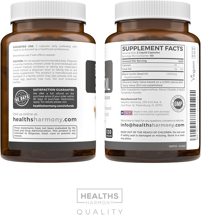 Black Seed Oil - 120 Softgel Capsules Skin Health (Non-GMO &amp Vegan) Cold-Pressed Nigella Sativa Producing Pure Black Cumin Seed Oil with Vitamin E - 500mg Each 1000mg Per 2 Capsule Serving