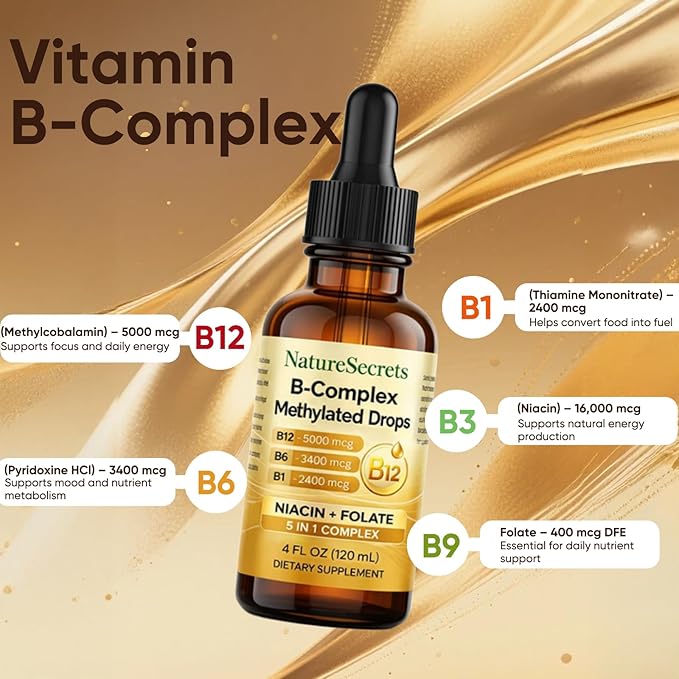 NATURESECRETS B-Complex Methylated Drops B12 B6 B1 Sublingual Vitamin B Complex Energy &amp Nervous System Support Raspberry Flavor 4 fl oz