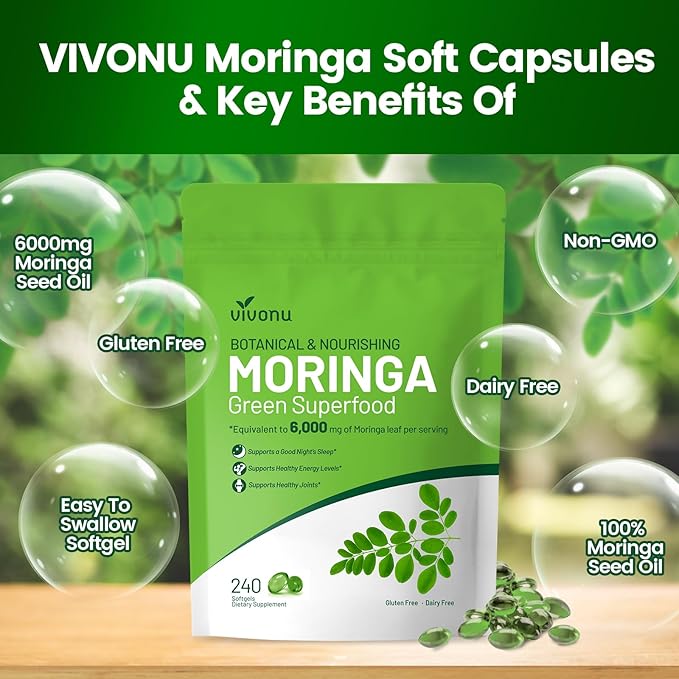 VivoNu Pure Moringa Capsules Moringa Leaf Extracts 120 Day Supply 30:1 Ultra-Concentrated Liposomal Tech 98% Absorption Complete Green Superfood for Energy Skin Immune &amp Gut Health