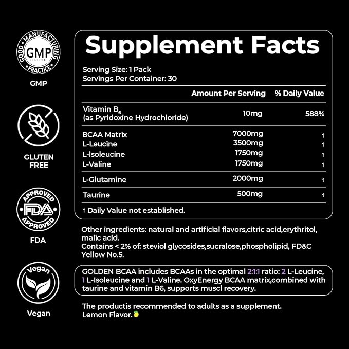 OxyEnergy BCAA 2:1:1 Powder 7g BCAAs and 2g L-Glutamine Taurine for Muscle Recovery Increased Endurance Perfect Amino Aicds for Pre &amp Post Workout Recovery Sugar Free Lemon 30 Stick Pack