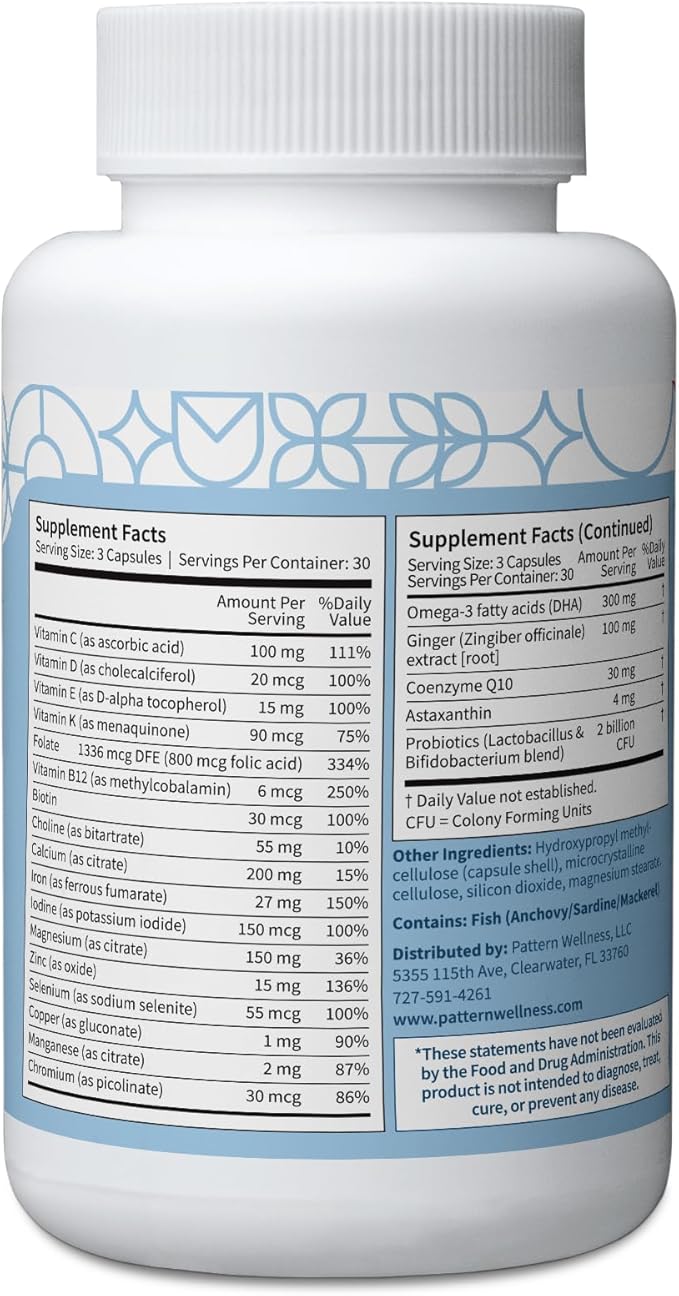 Pattern Wellness Prenatal Complex for Women – Prenatal Vitamin with DHA Folate Iron Probiotics &amp Biotin – Support from Preconception to Postpartum - 90 Capsules