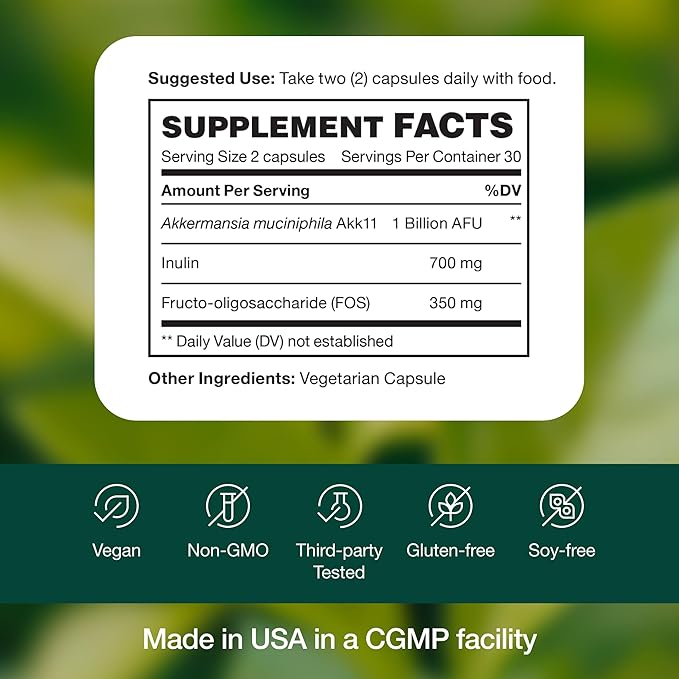 Fresh Nutrition Akkermansia Muciniphila Probiotic 1 Billion AFU for GLP-1 Production - Pre + Probiotic Supplement - 60 Capsules