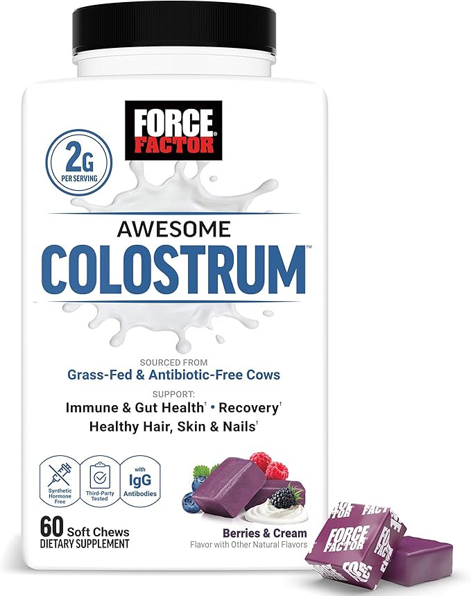 FORCE FACTOR Awesome Colostrum Support Gut &amp Immune Health Recovery Hair Skin &amp Nails Bovine Colostrum Supplement with Biotin Grass-Fed Antibiotic-Free Berries &amp Cream 60 Soft Che