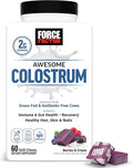 FORCE FACTOR Awesome Colostrum Support Gut &amp Immune Health Recovery Hair Skin &amp Nails Bovine Colostrum Supplement with Biotin Grass-Fed Antibiotic-Free Berries &amp Cream 60 Soft Che