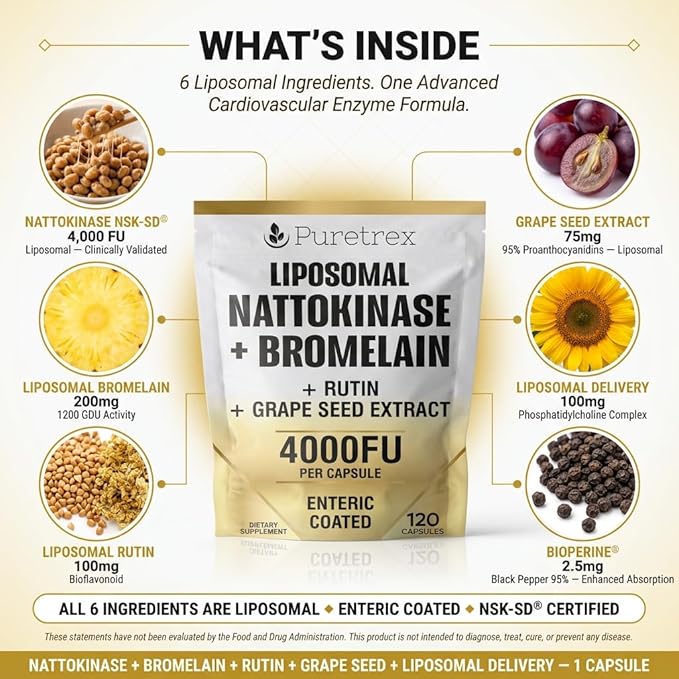 Liposomal Nattokinase 4000 FU + Bromelain 200mg with Rutin + Grape Seed Extract Enteric Coated Capsules Circulation &amp Cardiovascular Support Supplement Non GMO Made in UK 120 Capsules