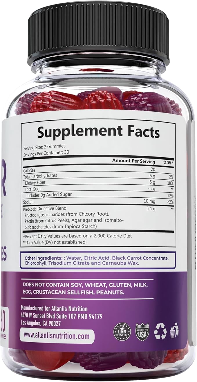 Atlantis Nutrition Sugar Free Fiber Gummies for Adults - 5G Fiber Supplement Formulated with 5.4G Prebiotic Digestive Blend/Serving - Supports Gut Health &amp Healthy Digestion - 2-Pack 120 Gummies