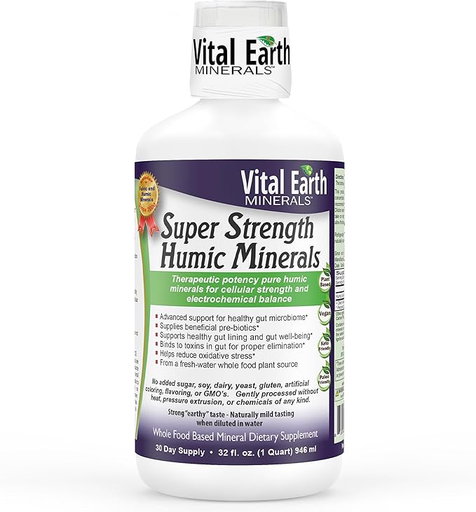 Vital Earth Minerals Super Strength Humic Minerals – Fulvic Acid Supplement with 70+ Trace Minerals Electrolytes for Detox &amp Digestion 32 Oz + 1 Oz Cup