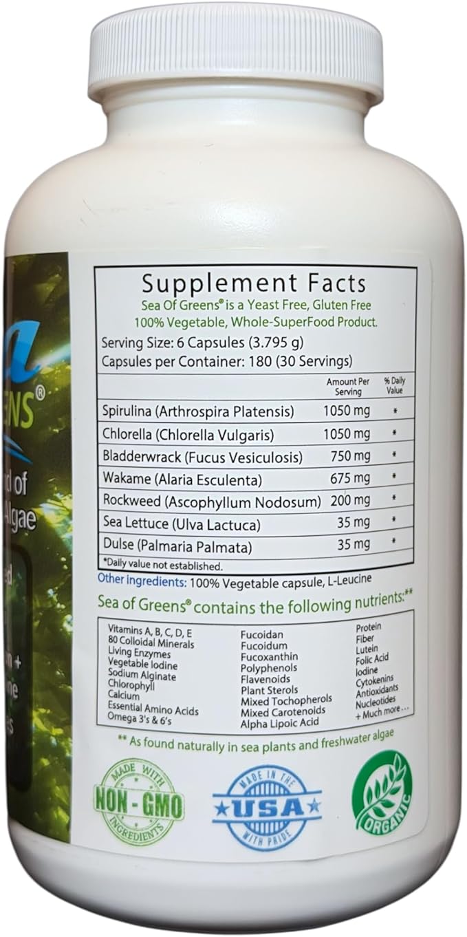 Sea of Greens – Organic Seaweed &amp Algae Superfood Blend – Spirulina Chlorella Bladderwrack Wakame – Natural Iodine &amp Fucoidan – Oxalate-Free – 180 Vegetable Capsules