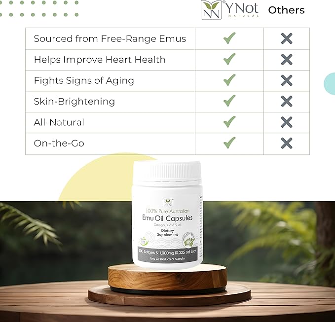 Y Not Natural Emu Oil Capsules - Heart Hair Metabolism &amp Joint Support Supplement - Pharmaceutical Grade Emu Oil with CLA Omegas 3 6 &amp 9 with Vitamin K2 A &amp E 1000mg 100 Capsules