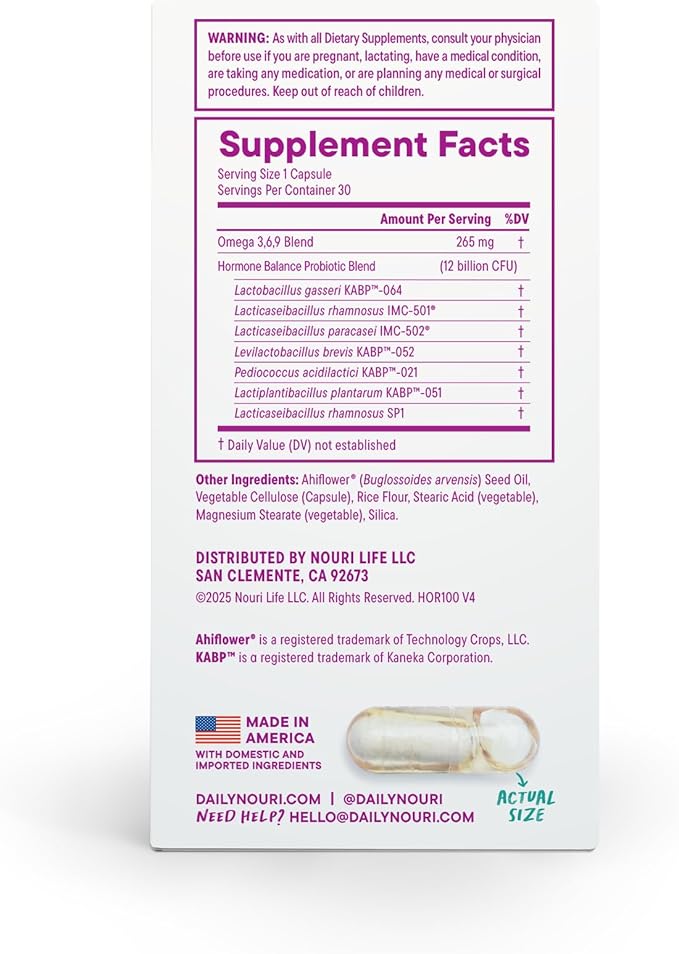 Daily Nouri Hormone Balance Probiotics for Women | Hormone Balance for Women | PMS Hormonal Acne &amp Bloating Support | 7 Clinically Studied Strains + Omega | 30-Day Supply