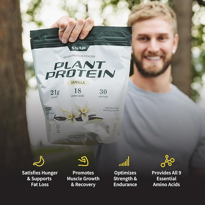 Snap Supplements Organic Plant Based Vegan Protein Powder Nitric Oxide Boosting Protein Powder Vanilla Bean BCAA Amino Acid for Muscle Growth Performance &amp Recovery - 30 Servings (Vanilla)