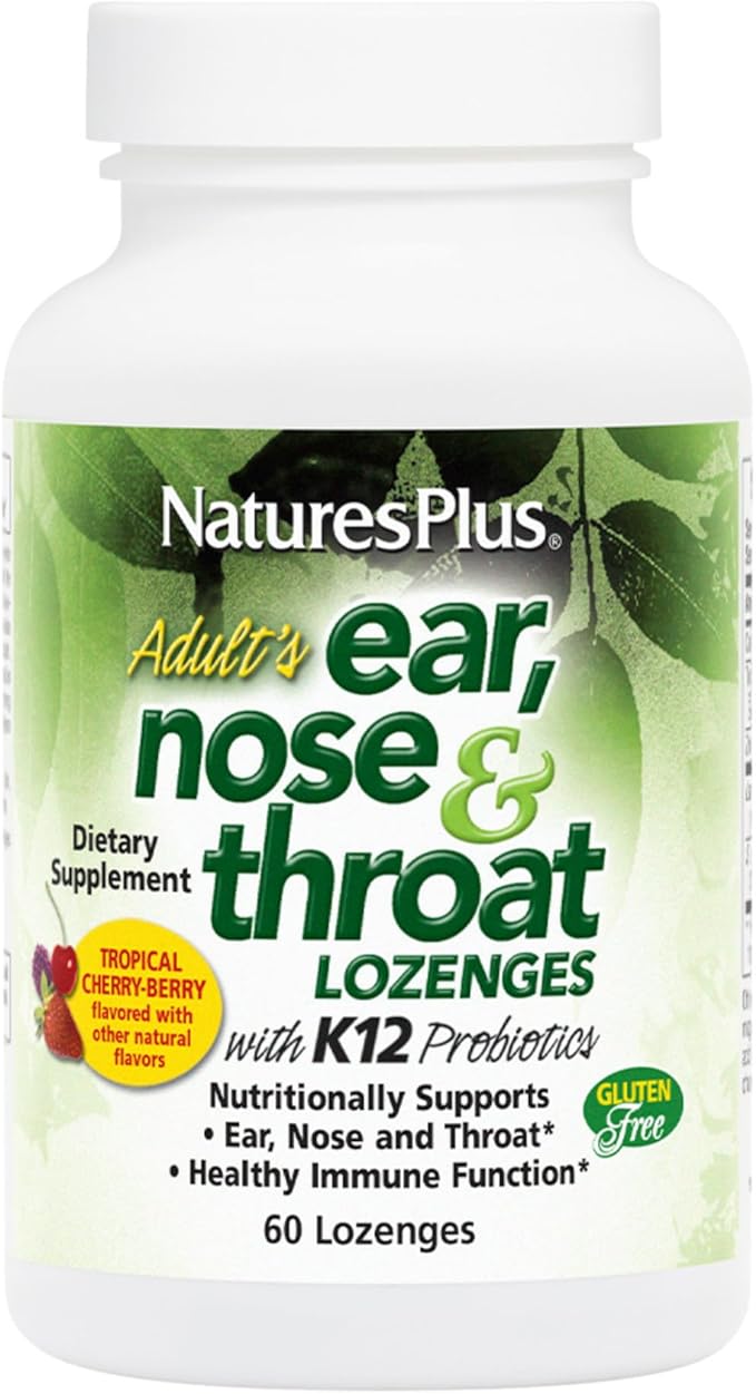 NaturesPlus Adult's Ear Nose Throat Lozenges with K12 Probiotics - 60 Lozenges - Natural Tropical Cherry Berry Flavor - Immune Function &amp Upper Respiratory Support - Gluten Free - 30 Servings