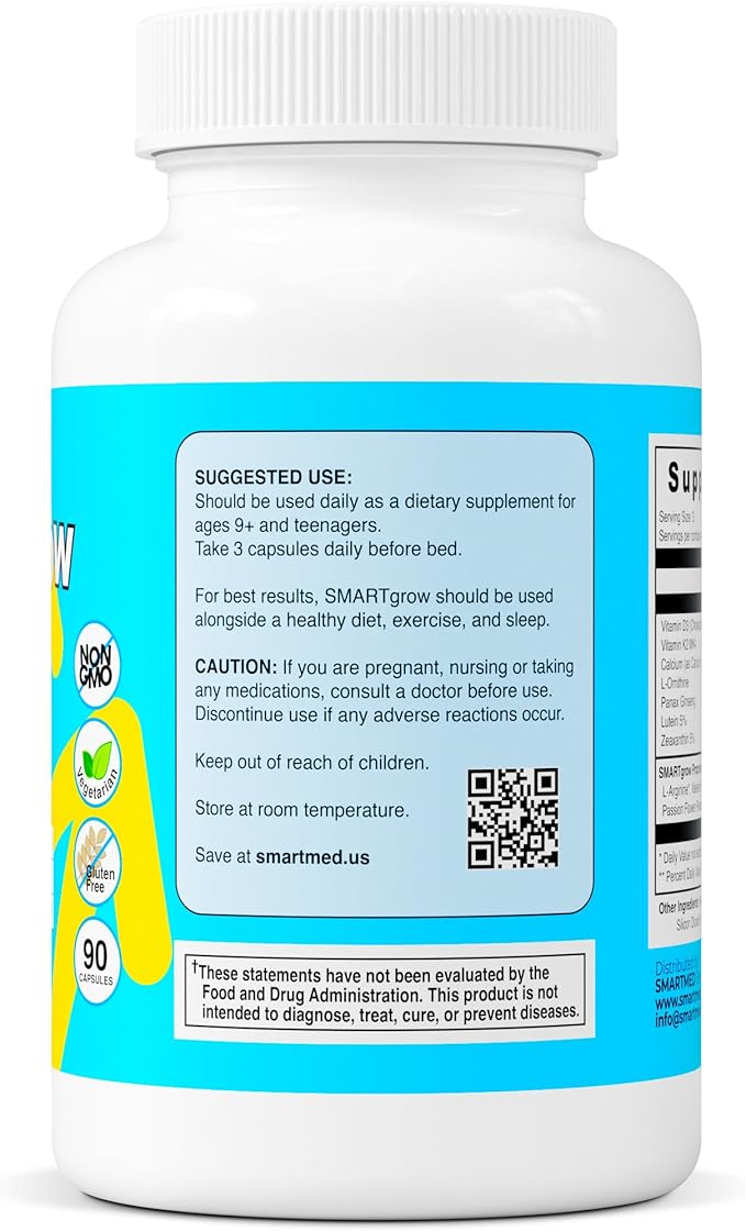 SmartGrow Premium Growth Formula for Teens – Bone Brain Sleep &amp Eye Support – Calcium Vitamin D3 Amino Acids + Herbal Blend – Daily Wellness Supplement (90 Capsules)