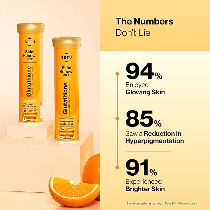 SETU Glutathione Effervescent Tablets with 500mg L-Glutathione &amp Vitamin C | Sugar-Free Antioxidant Supplement | Orange (Pack of 6)