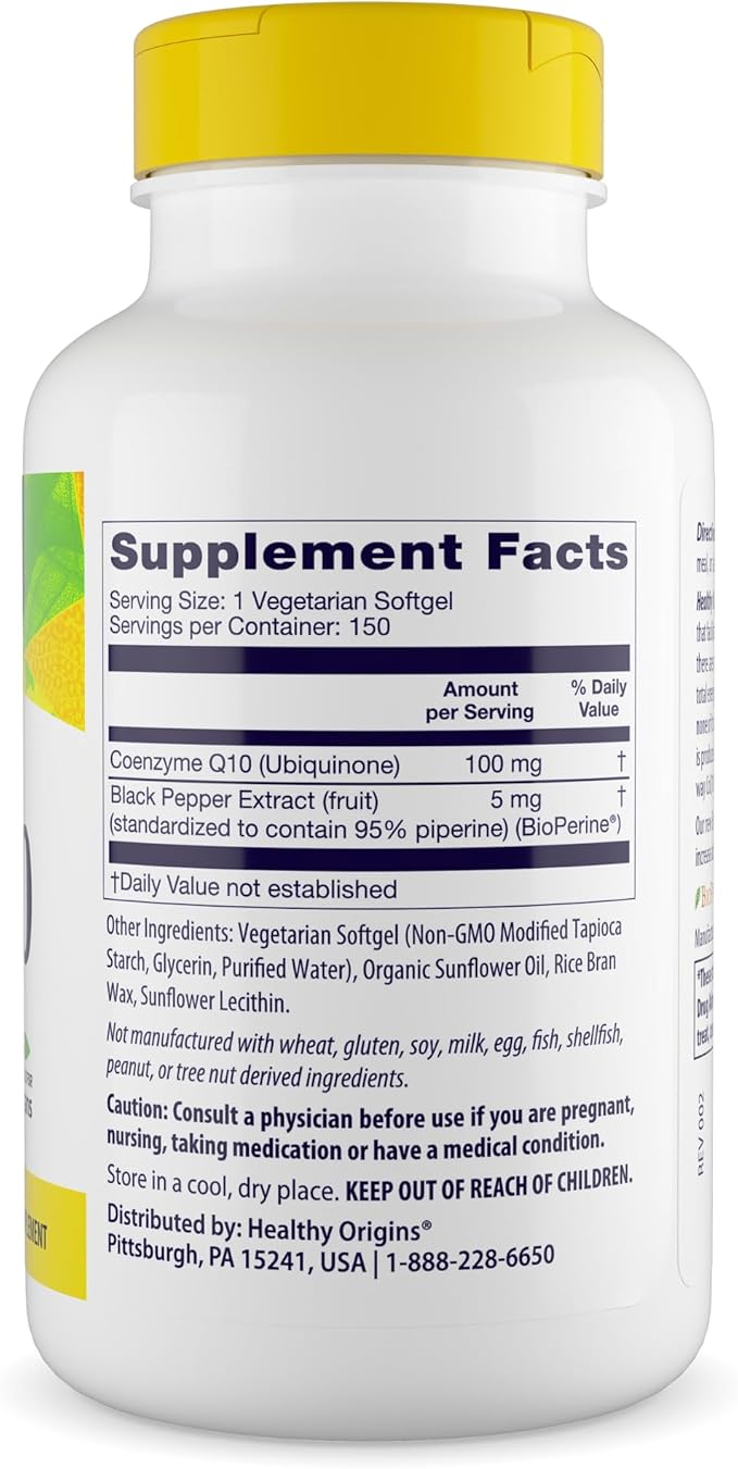 Healthy Origins Natural Enhanced CoQ10 (BioPerine®) 100 mg - Heart Health &amp Energy Supplement - Gluten-Free &amp Non-GMO Supplements with BioPerine &amp Sunflower Lecithin ((Pack of 1) 150 Veg