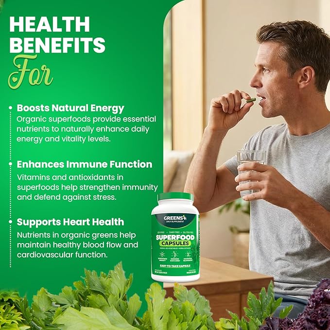 Greens+ Organic Superfood Capsules Organic Spirulina and Chlorella with Alfalfa &amp Wheat Grass Vitamins &amp Minerals Supplements Gluten-Free Vegan Non-GMO 240 Count