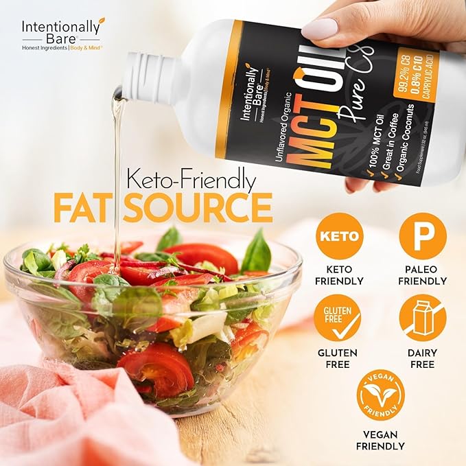 Intentionally Bare MCT Oil - Coconut Oil with 99.2% C8 and 0.8% C10 for Clean Energy Brain Health &amp Focus - MCT Oil C8 for Keto Paleo &amp Vegan Diet - Unflavored Coconut MCT for Coffee &amp S