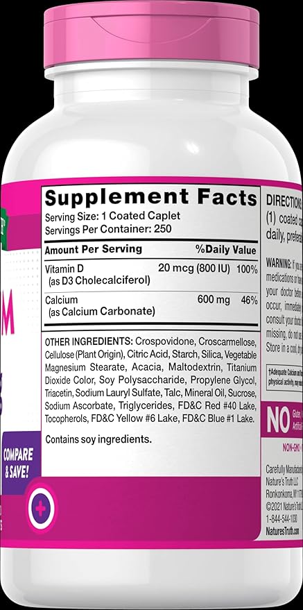 Nature's Truth Calcium 600 mg + D3 Dietary Supplement - 250 Caplets Pack of 2