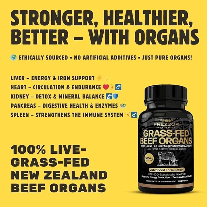 FREZZOR New Zealand 100% Live-Grass-Fed Beef Organs Complex Supports Whole Body Wellness and Energy with Proprietary Blend of Liver Heart Kidney Pancreas &amp Spleen Non-GMO 3000mg 1080 Capsul