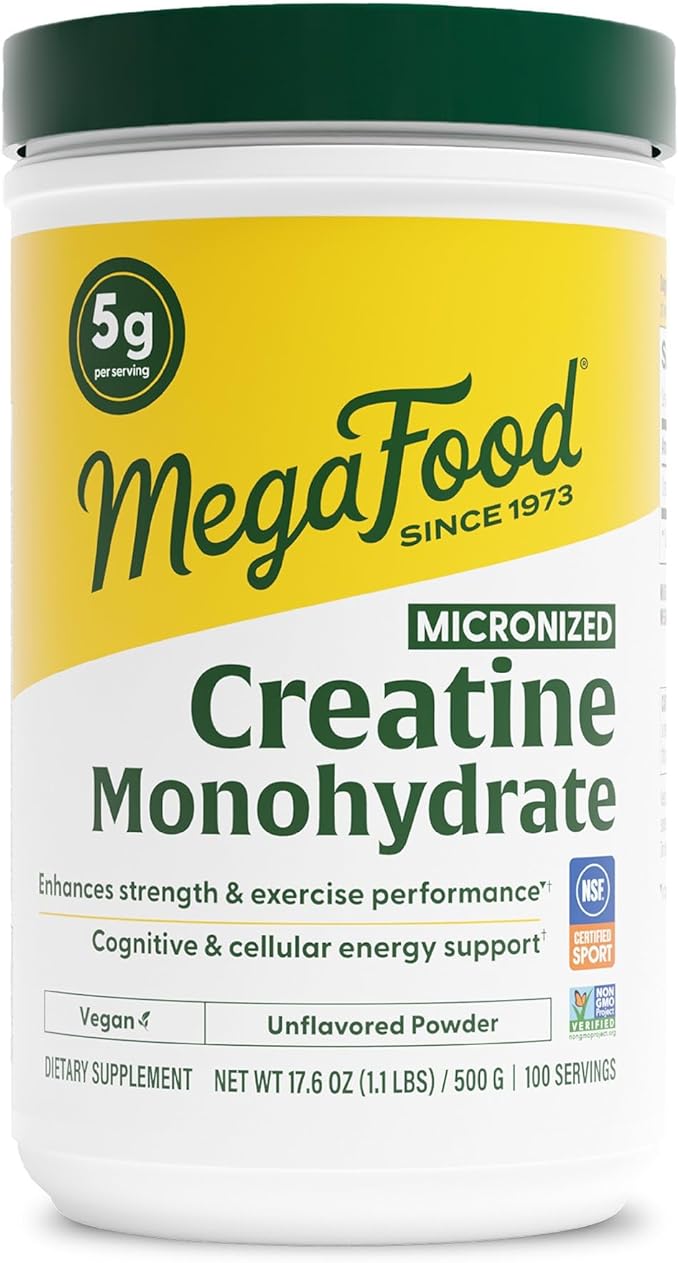 MegaFood Micronized Creatine Monohydrate Powder - Unflavored Post &amp Pre Workout Powder for Men &amp Women - Cognitive &amp Exercise Performance Support - NSF Certified for Sport- 500 Grams 100