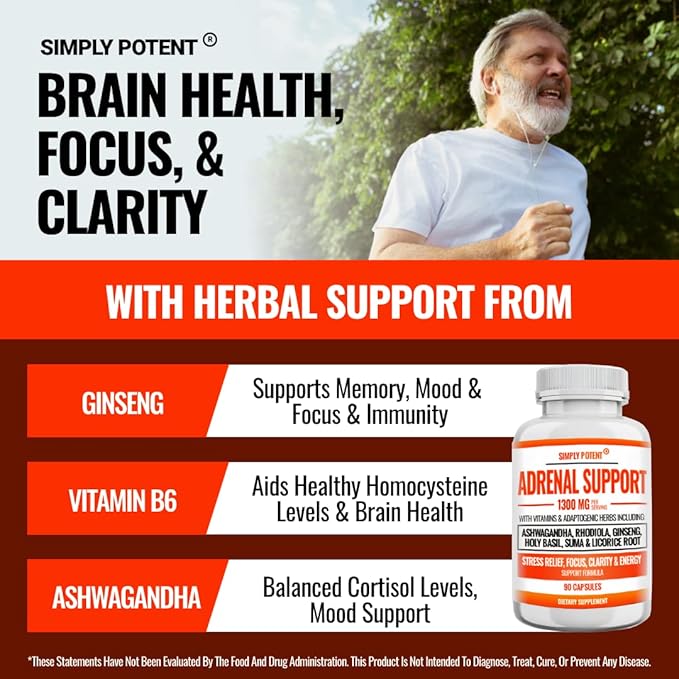 Simply Potent Adrenal Support and Cortisol Manager - 90 Capsules Adrenal Health Supplement with Ashwagandha Licorice Root Rhodiola Rosea Ginseng Holy Basil for Adrenal Fatigue for Women &amp Men