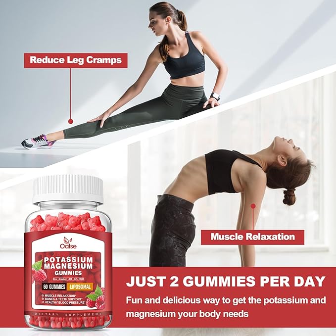 (2 Pack) Potassium Magnesium Gummies for Adults Kids High Absorption Potassium Citrate 200mg Magnesium Glycinate 400mg Chewable Gummy Supplements for Leg Cramps &amp Muscle Raspberry