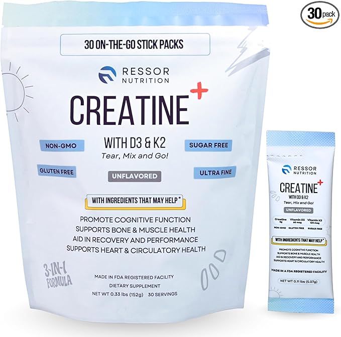 Ressor Creatine Monohydrate Powder for Men and Women 5g Micronized Creatine Travel Packs with Vitamin D3 2400 IU and Vitamin K2 120mcg